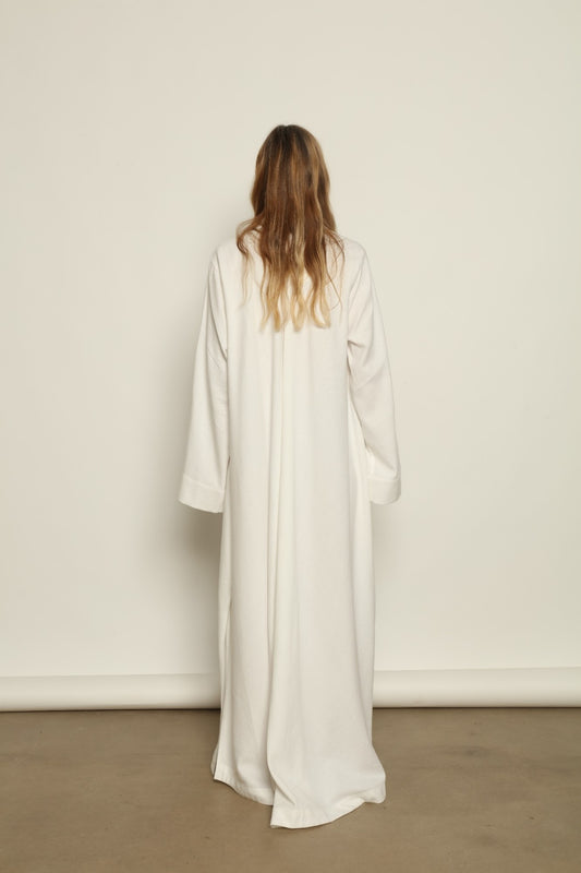 The V-Neck Ecru Flatweave Cotton Caftan - Marrakshi Life