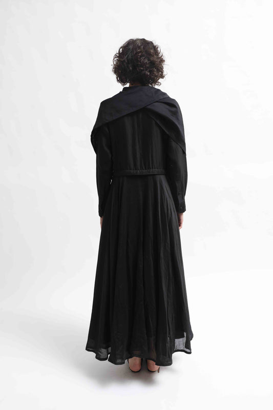 Anne Sari Dress by Ka-Sha in hand-dyed Chanderi cotton, featuring a fluid A-line silhouette with attached sari-style drape and classic collar. Part of the House of Woven Stories selection.