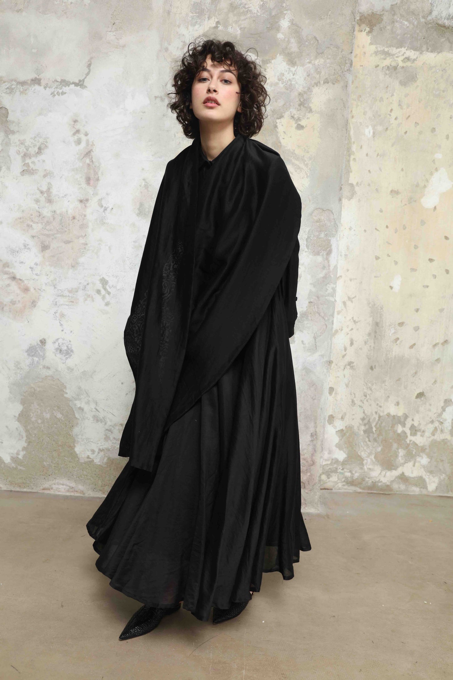 Anne Sari Dress by Ka-Sha in hand-dyed Chanderi cotton, featuring a fluid A-line silhouette with attached sari-style drape and classic collar. Part of the House of Woven Stories selection.