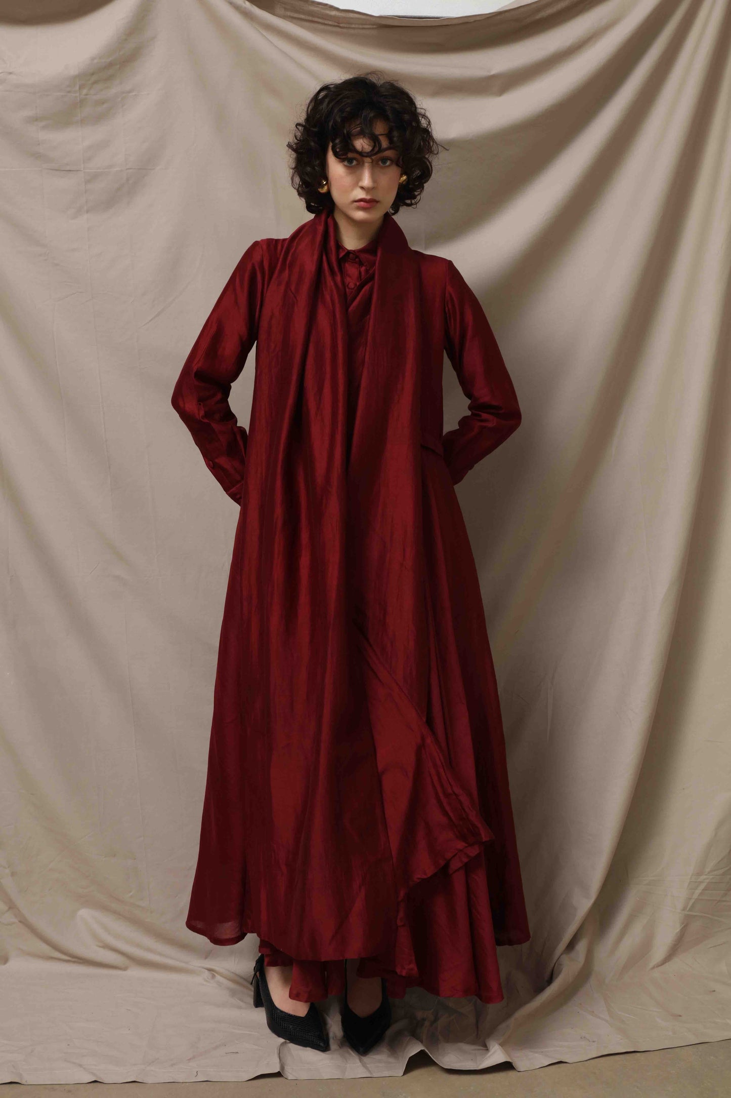 Anne Sari Dress by Ka-Sha in hand-dyed Chanderi cotton, featuring a fluid A-line silhouette with attached sari-style drape and classic collar. Part of the House of Woven Stories selection.