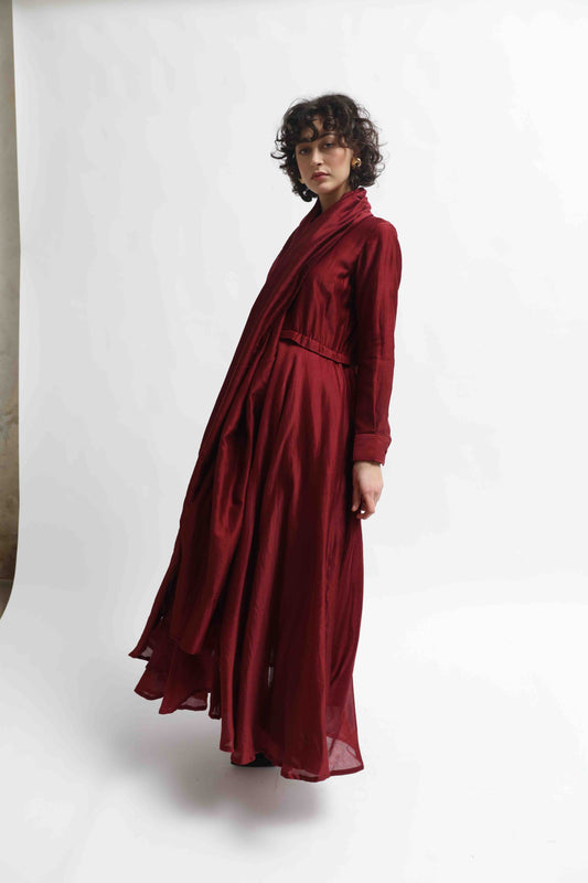 Anne Sari Dress by Ka-Sha in hand-dyed Chanderi cotton, featuring a fluid A-line silhouette with attached sari-style drape and classic collar. Part of the House of Woven Stories selection.