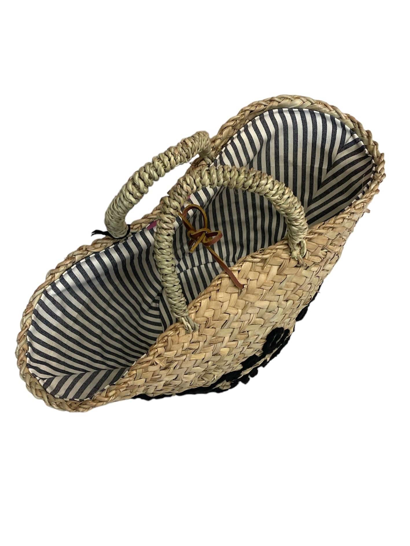 Handmade Micaela Spadoni Basel Mon Amour bag with cotton lining and Italian leather drawstring closure. Stylish, artisanal bag featuring "Basel Mon Amour" embroidery in Scarlet Red. Part of House of Woven Stories selection.