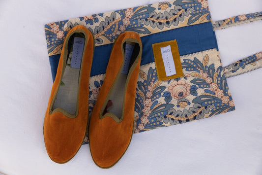 Handmade in Venice from upcycled luxury fabrics with recycled rubber soles. Bronze and Olive Venetian Slippers by Teod’amar are timeless and sustainable. Part of House of Woven Stories section.