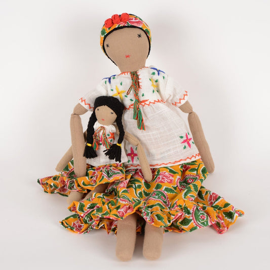 Frida handcrafted cloth dolls mother and daughter set by SilaiWali, sustainable upcycled fabric dolls at House of Woven Stories