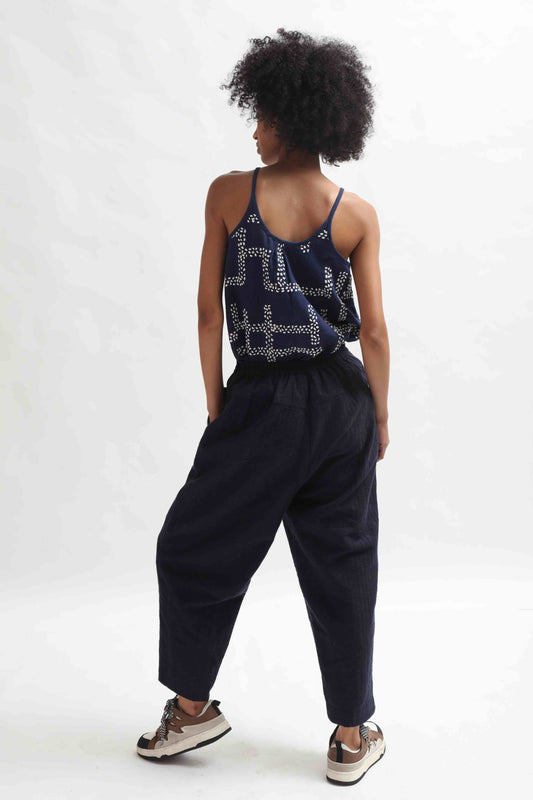 Indigo embroidered top by Paiwand made from organic indigo-dyed cotton with upcycled embroidery, ethically handcrafted in India.