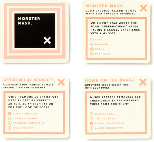 Irrelevant Celebrity Trivia card game box with 200 celebrity trivia cards by New Mags. Available at House of Woven Stories.