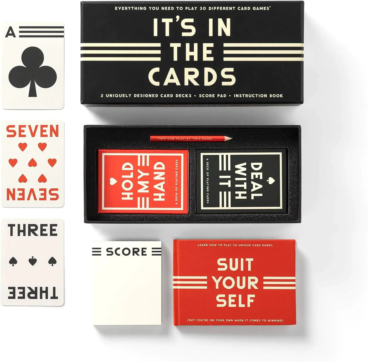 It’s In The Cards Playing Card Game Set by New Mags - includes 2 decks, instruction book, pencil and scorepad in a stylish gift box. Available at House of Woven Stories.