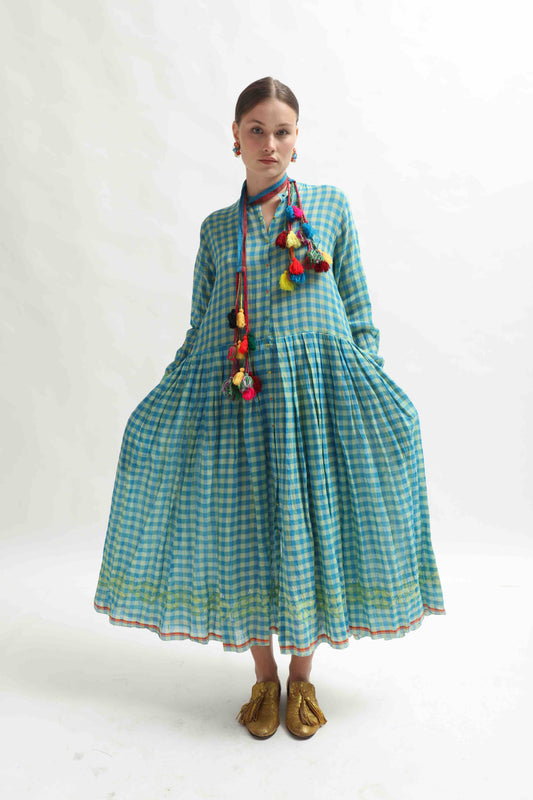 Handcrafted Jodhpur 24 check dress by Injiri, made from pure cotton with traditional Indian weaving techniques – displayed on hanger in natural light.