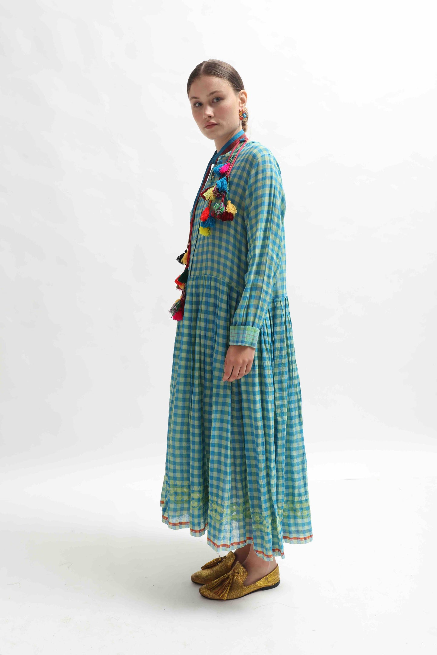 Handcrafted Jodhpur 24 check dress by Injiri, made from pure cotton with traditional Indian weaving techniques – displayed on hanger in natural light.