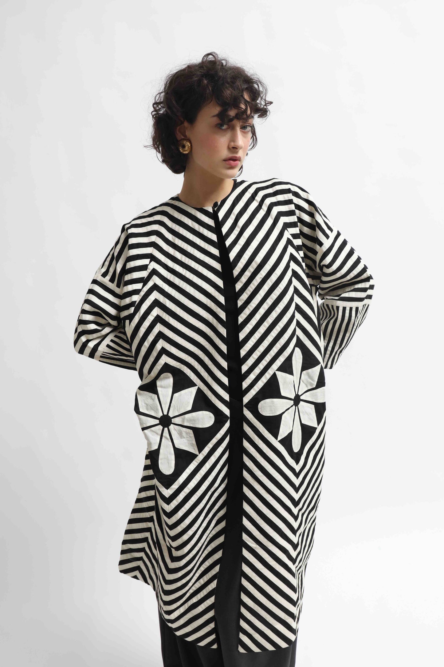 Long black and white hand-dyed muslin cotton jacket by Ka-Sha, featuring an open front and straight silhouette; part of the House of Woven Stories selection.