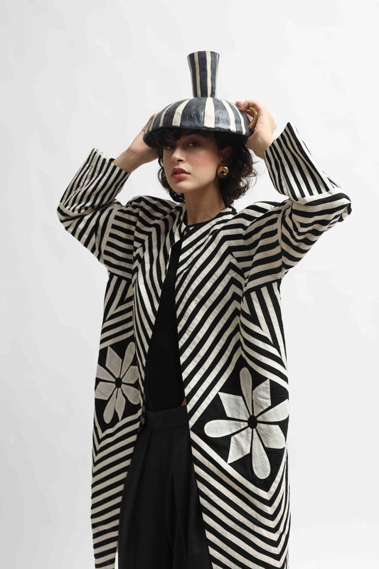 Long black and white hand-dyed muslin cotton jacket by Ka-Sha, featuring an open front and straight silhouette; part of the House of Woven Stories selection.