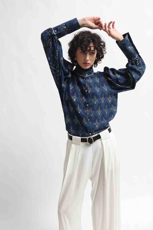 Karin blouse made from 100% organic cotton with Ajrakh blockprint in natural indigo blue, featuring volant detail, handcrafted by House of Woven Stories.