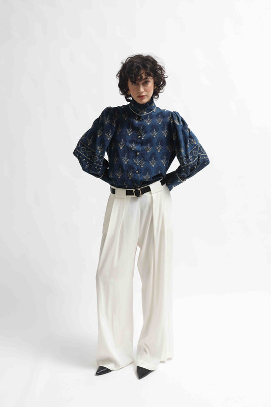Karin blouse made from 100% organic cotton with Ajrakh blockprint in natural indigo blue, featuring volant detail, handcrafted by House of Woven Stories.