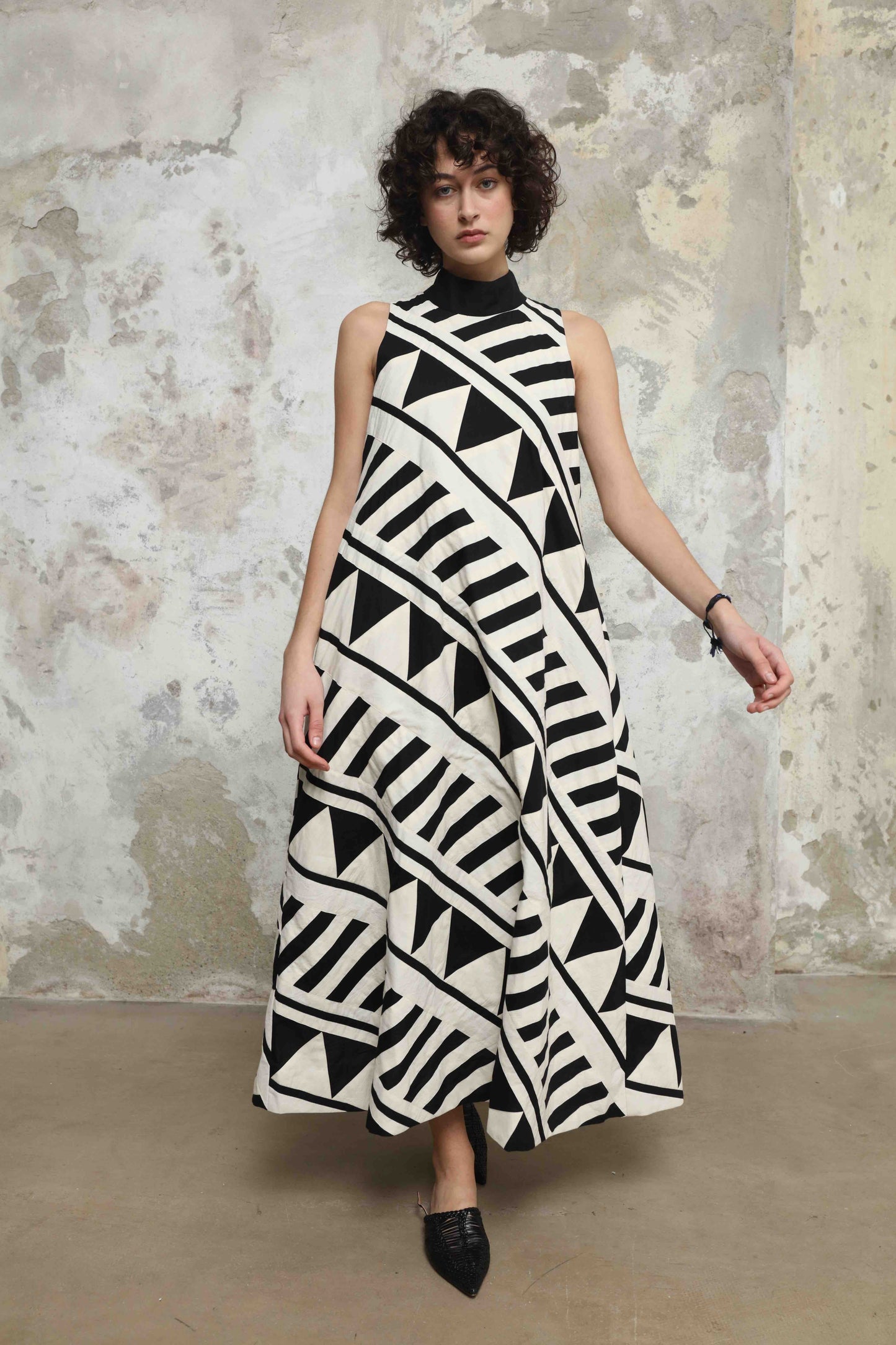 Lino Dress by Ka-Sha – handcrafted A-line cotton dress with black and white appliqué detailing, 46" length, and a relaxed, elegant silhouette. Part of the House of Woven Stories selection.