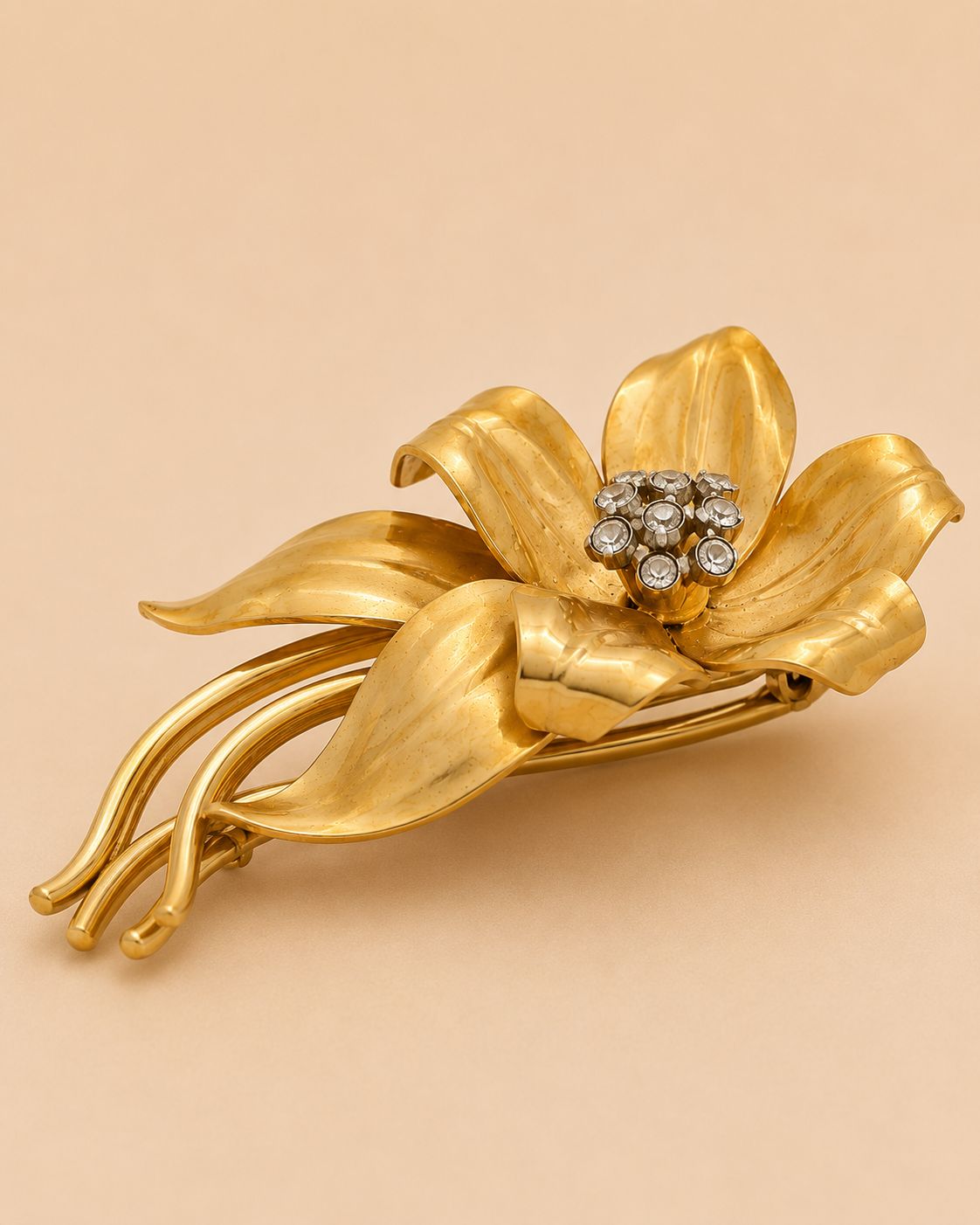 Art Deco Gold Floral Rhinestone Brooch