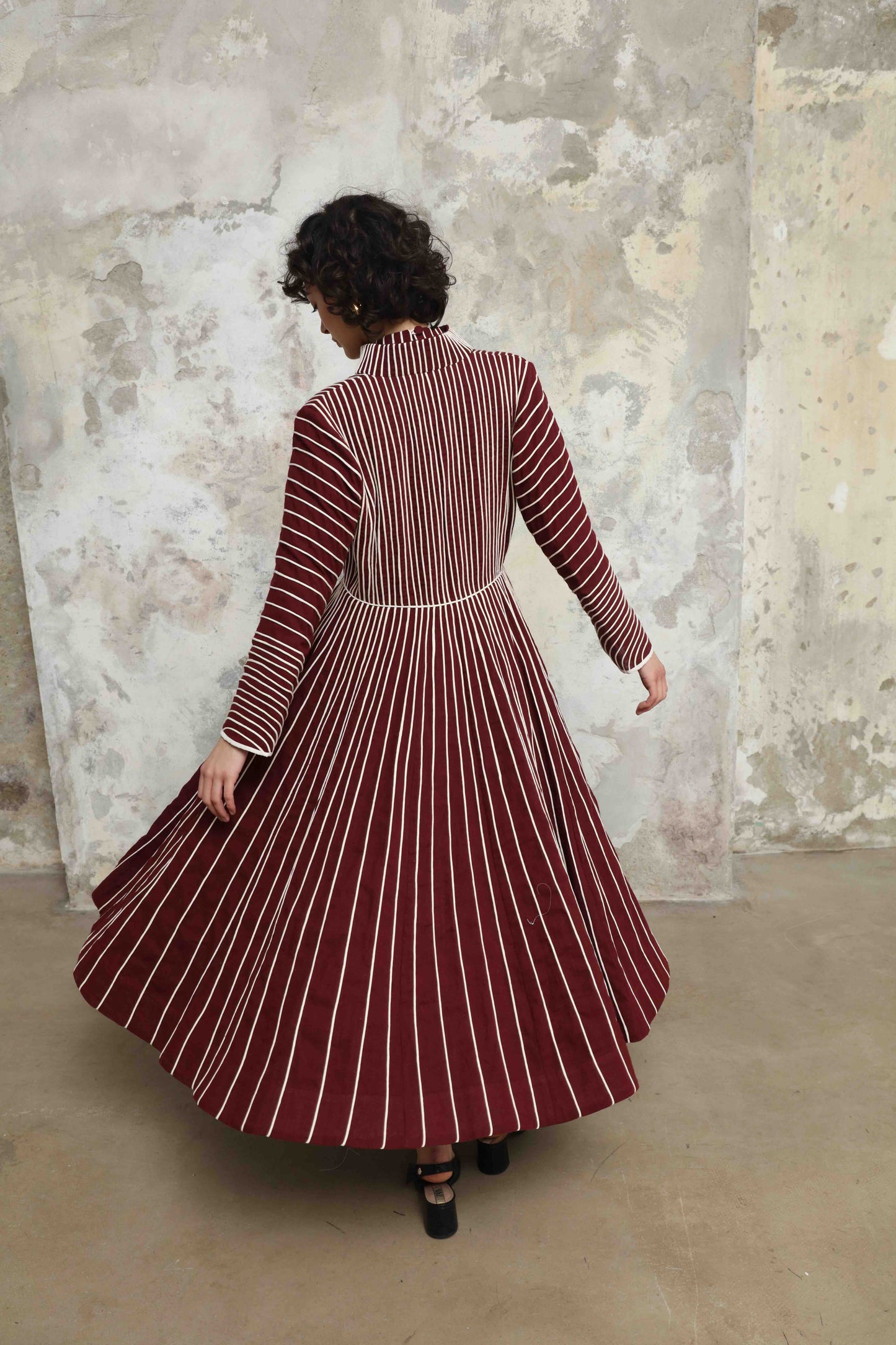 Ka-Sha Thakur Jacket made from hand-dyed Kala Cotton, featuring a maroon and white open-front design with intricate chording details. A timeless, artisanal piece blending traditional craftsmanship and modern style.