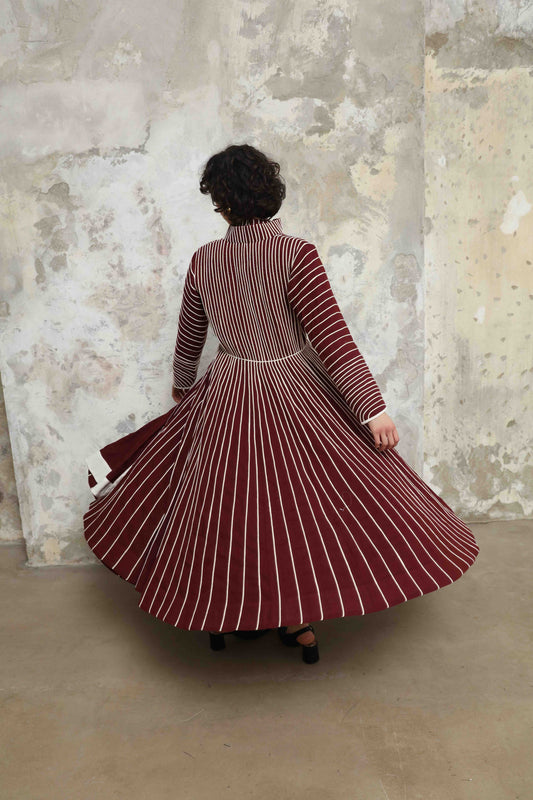 Ka-Sha Thakur Jacket made from hand-dyed Kala Cotton, featuring a maroon and white open-front design with intricate chording details. A timeless, artisanal piece blending traditional craftsmanship and modern style.