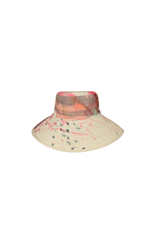 Reversible hand-painted hat by Romualda with a 12 cm brim, featuring vibrant brush strokes and cotton lining, made from sustainable materials.