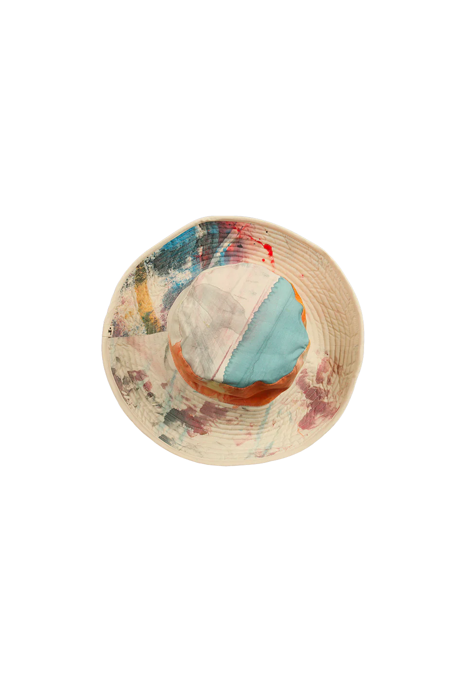 Reversible hand-painted hat by Romualda with a 12 cm brim, featuring vibrant brush strokes and cotton lining, made from sustainable materials.