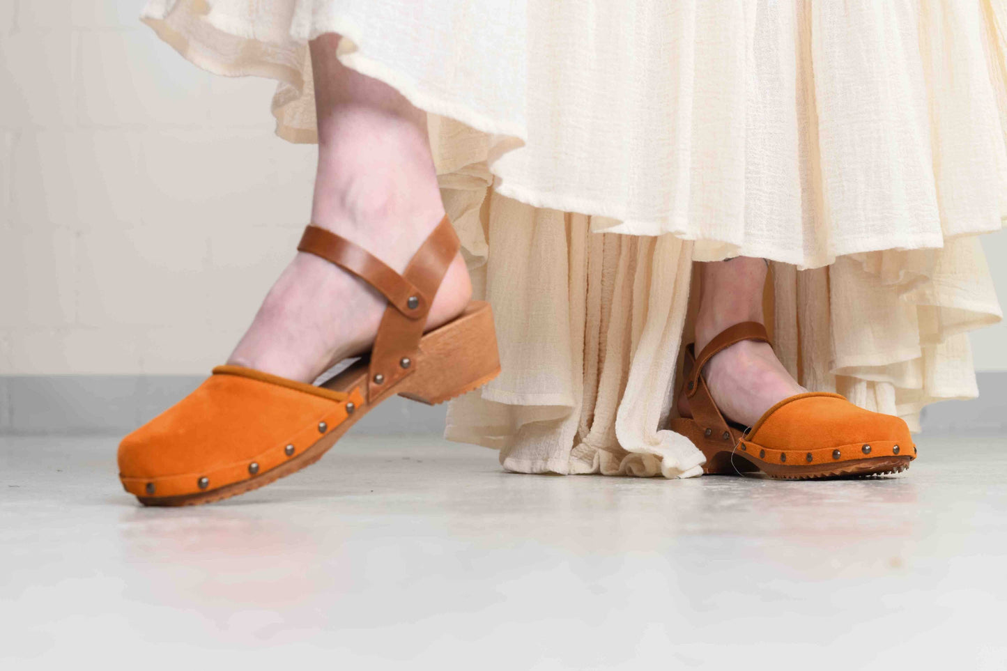 Tea Tangerine velvet ballerina clogs with amber trim and wooden sole by Antidoti, handmade in Italy. Part of House of Woven Stories selection.