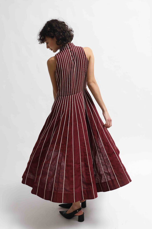 Thakur Dress by Ka-Sha – long striped hand-dyed Kala Cotton dress with front-open design. A sustainable, artisanal piece blending tradition and modern style. Part of House of Woven Stories selection.