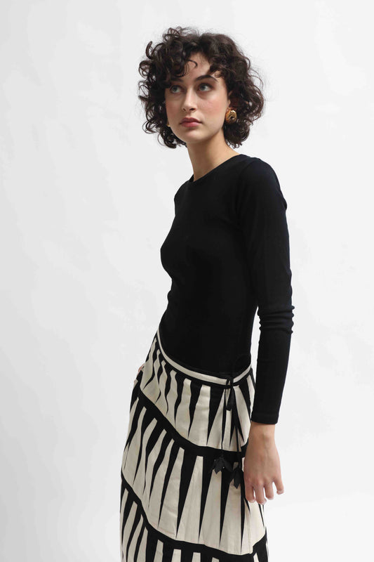 Trikon Skirt by Ka-Sha – hand-dyed cotton skirt with black and white applique details, zip and drawstring closure for adjustable fit. Part of House of Woven Stories selection.