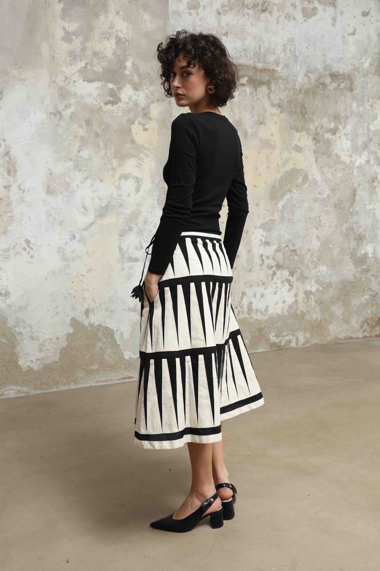 Trikon Skirt by Ka-Sha – hand-dyed cotton skirt with black and white applique details, zip and drawstring closure for adjustable fit. Part of House of Woven Stories selection.