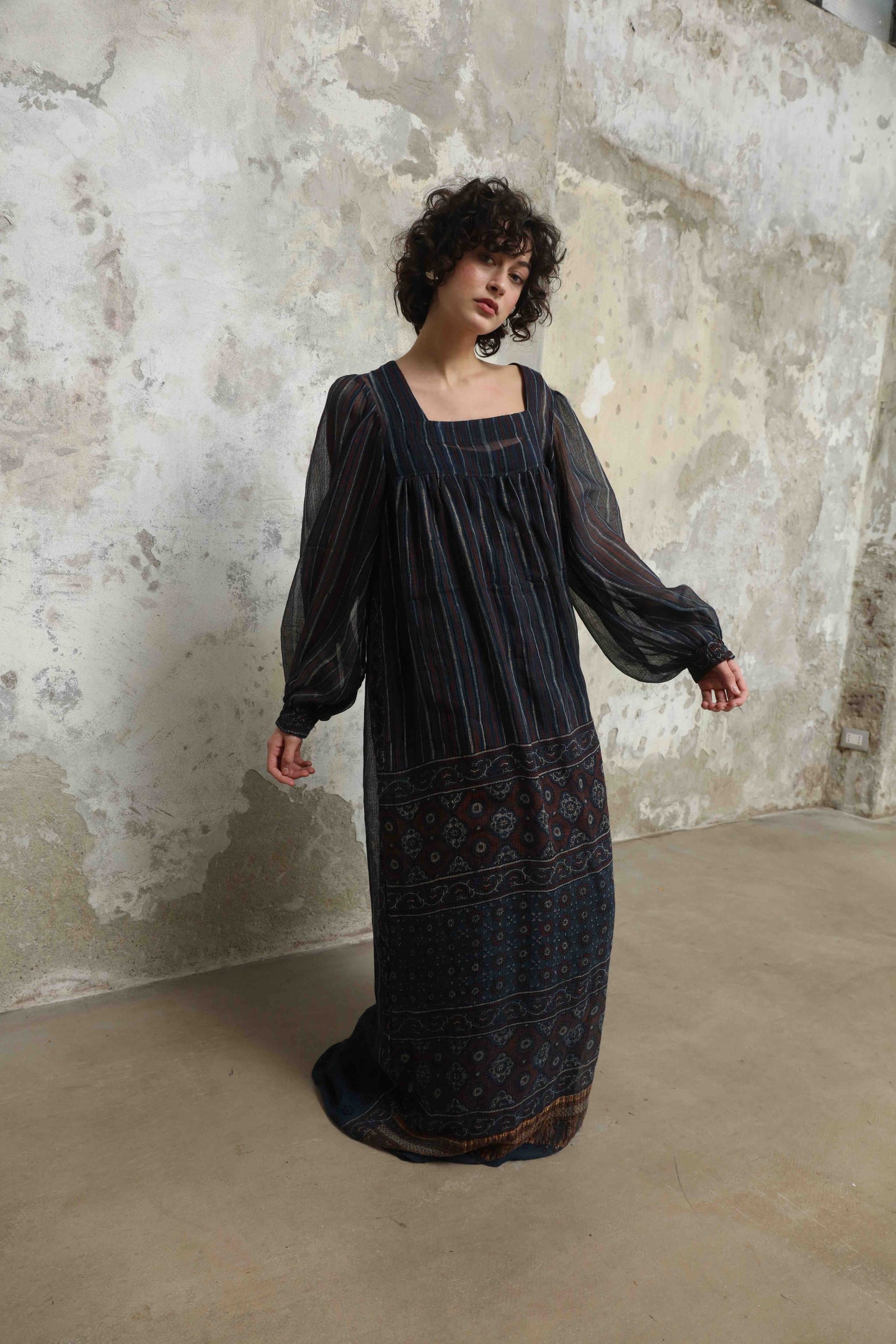Woodstock Dress by House of Woven Stories - long dress in 100% cotton gauze, crafted from handprinted sari patchwork with intricate Ajrakh block prints. Lightweight, flowing, artisanal, and one-of-a-kind.