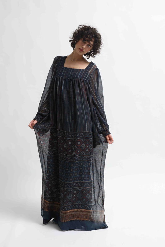 Woodstock Dress by House of Woven Stories - long dress in 100% cotton gauze, crafted from handprinted sari patchwork with intricate Ajrakh block prints. Lightweight, flowing, artisanal, and one-of-a-kind.