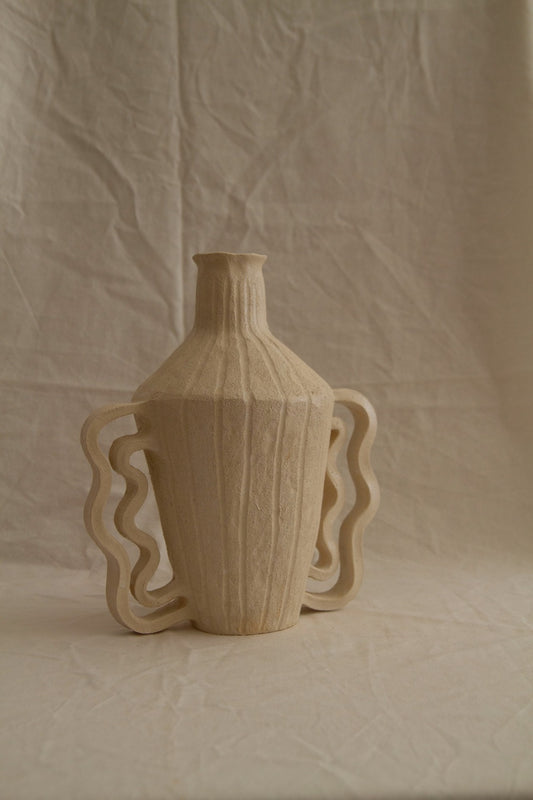 Amphora Le Grand Double Vagues by Clandestine Céramique, part of the House of Woven Stories selection, handbuilt in chamotte clay with wavy double handles and engraved vertical stripes.