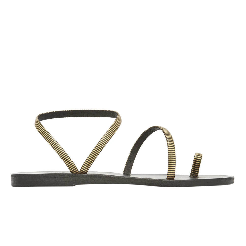 Eleftheria 70s Sandals in gold striped leather by Ancient Greek Sandals, handmade in Greece, part of the House of Nomad Stories selection