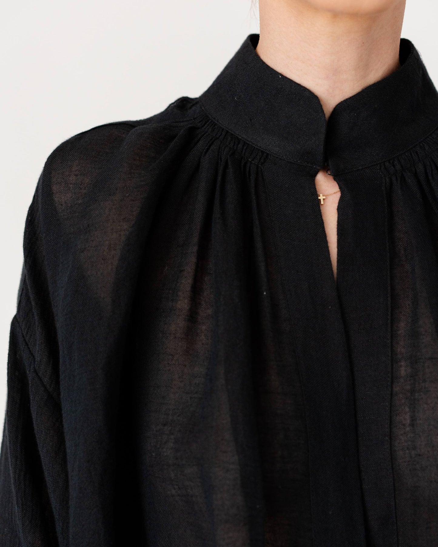 Black Sea Linen Shirt by Les Vacances d’Irina, oversized semi-sheer linen shirt with voluminous sleeves and gathered neckline, handmade in Romania.