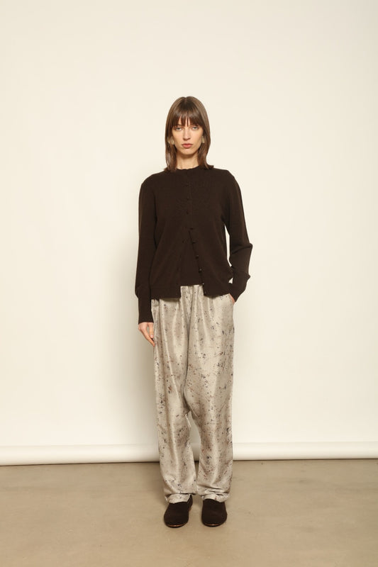 Model wearing the Chocolate Nathalie Open-Front Cashmere Cardigan by House of Woven Stories, crafted from 100% Inner Mongolia cashmere, featuring a relaxed silhouette, smooth texture, and sustainable luxury knitwear in rich chocolate tone