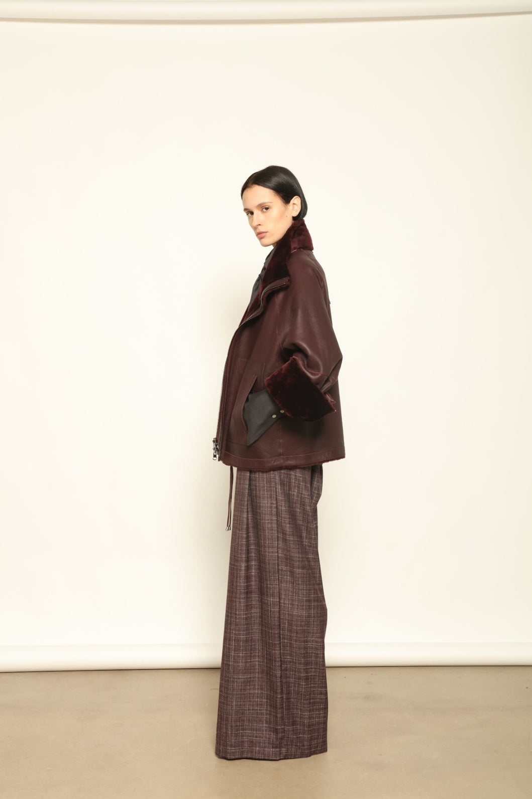 Colette Sud Africa Ironed Cherry Lacquer Nappa Jacket by Novelle – reversible Italian shearling and nappa leather jacket in deep cherry red, handcrafted with sustainable luxury at House of Woven Stories.