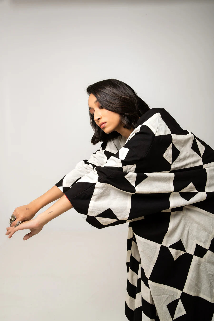 Doma Cotton Jacket by Ka-Sha, oversized with geometric applique patterns. Hand-dyed cotton, open front, sustainable craftsmanship. Perfect for mindful fashion. Shop now.