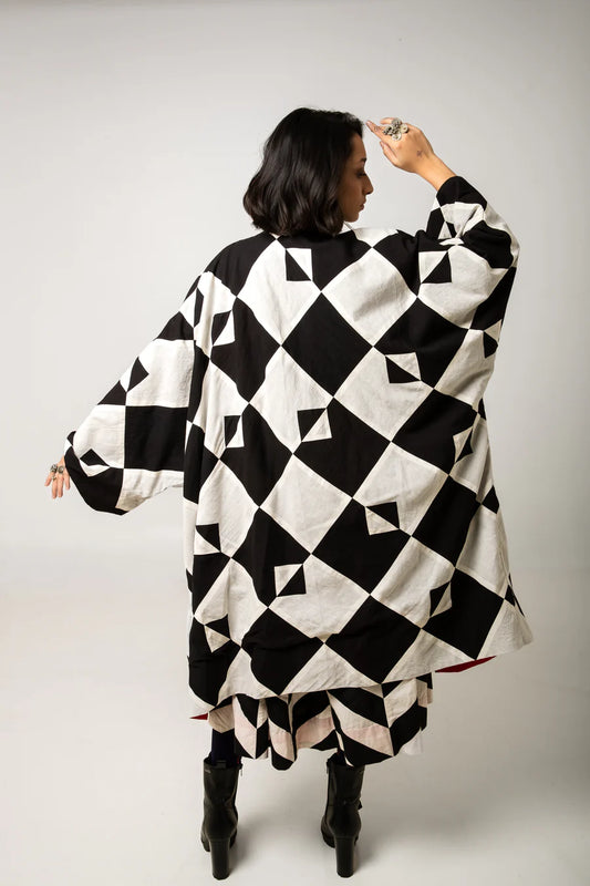 Doma Cotton Jacket by Ka-Sha, oversized with geometric applique patterns. Hand-dyed cotton, open front, sustainable craftsmanship. Perfect for mindful fashion. Shop now.