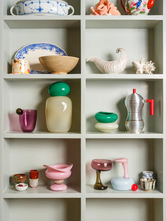 Bon Bon Medi by Helle Mardahl Studio in Spearmint and Champagne, handmade sculptural glass vase with removable lid, available at House of Nomad Stories.
