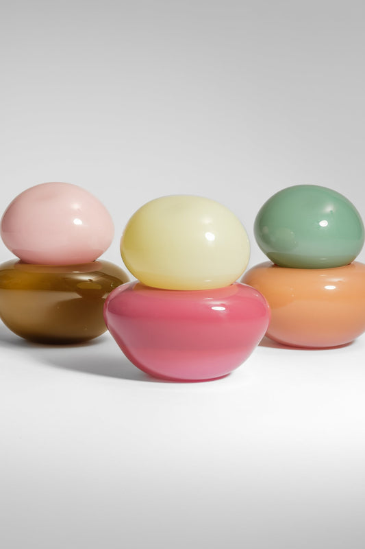 Bonbonniere by Helle Mardahl Studio in Milky Rose and Caramel, handmade sculptural glass keepsake box with organic shape, coloured lid and contemporary home decor design from House of Nomad Stories.