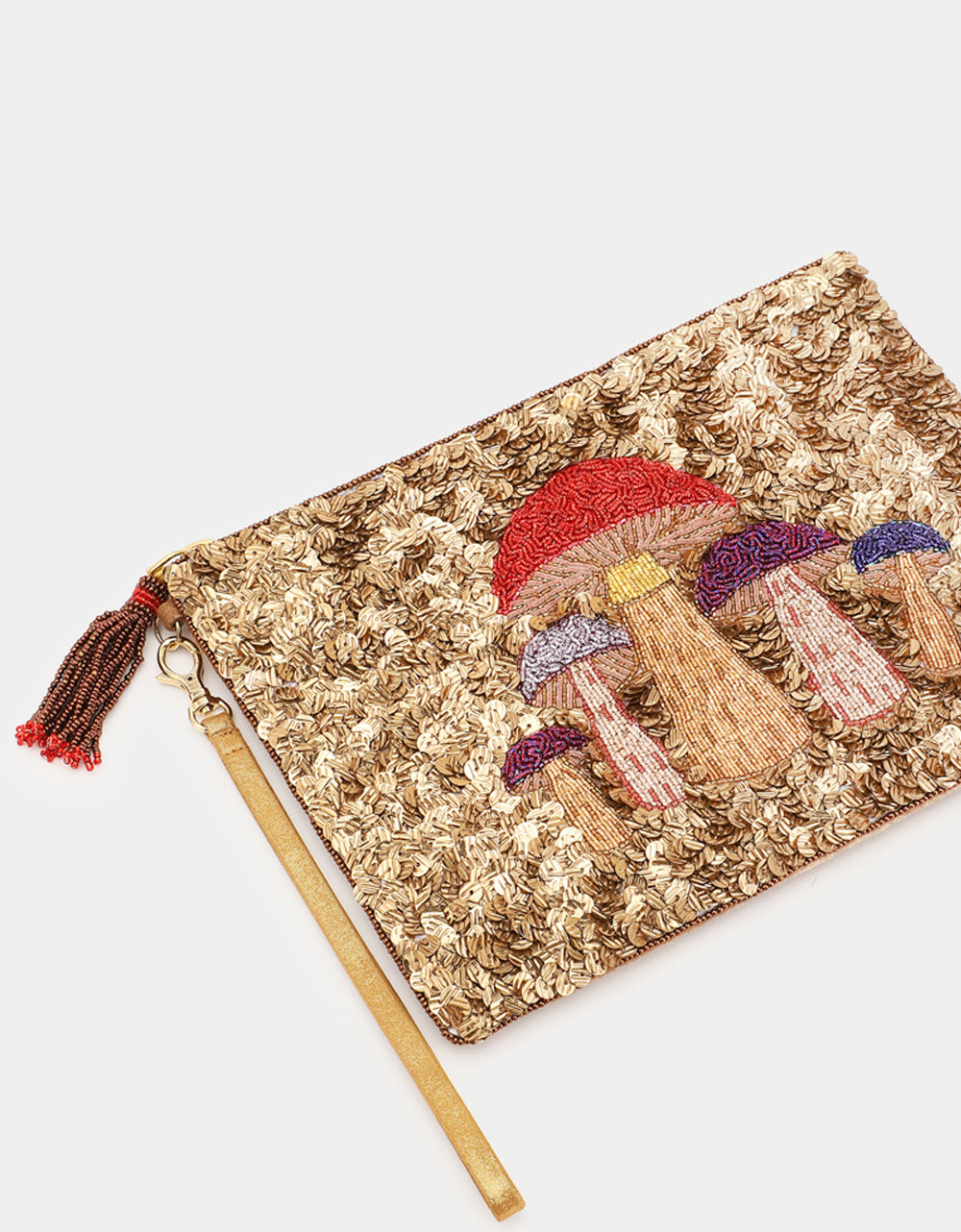 Olivia Dar Mushroom Bronze hand-embroidered beaded pouch by House of Woven Stories, featuring a nature-inspired mushroom design with glass seed beads, sequins and a practical wrist strap.