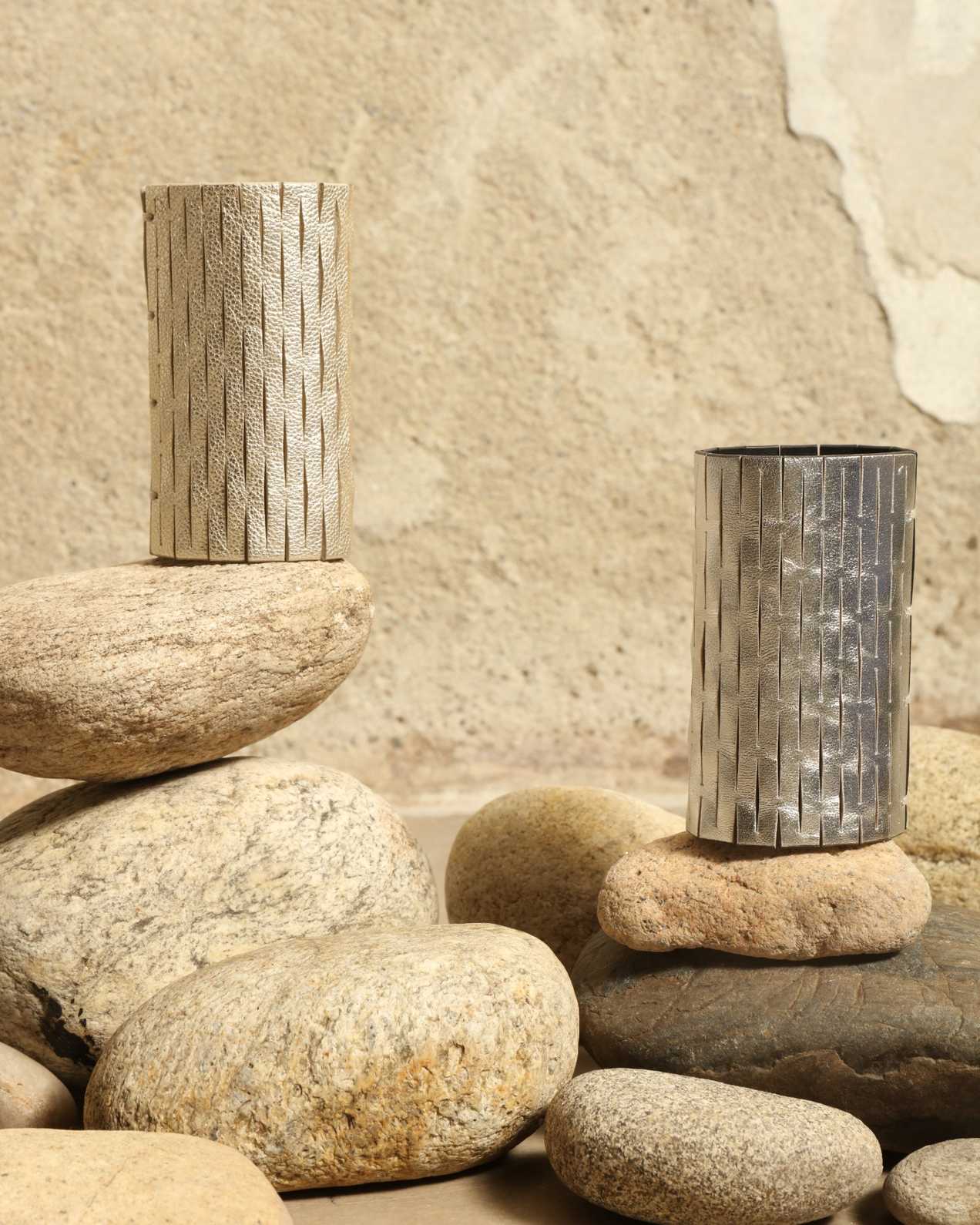 Leila Platinum Bangle by SO-LE STUDIO, part of the curated selection at House of Woven Stories, handcrafted in Italy from upcycled Ferragamo leather with a platinum finish, sculptural silhouette, and lightweight sustainable design.