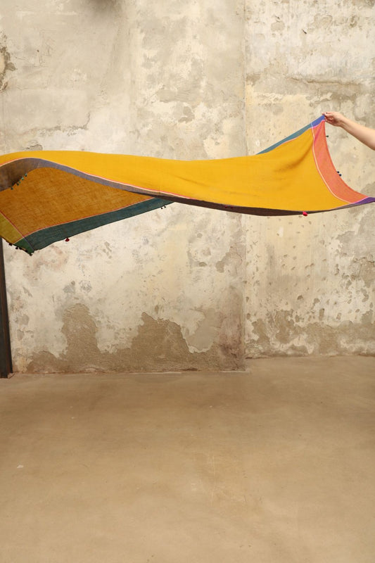 Model is wearing the Miraj 140 Cashmere Scarf by Injiri, handwoven from Kashmir cashmere with a vibrant ochre base and multicolor block borders, blending warmth, softness, and artisanal craftsmanship.