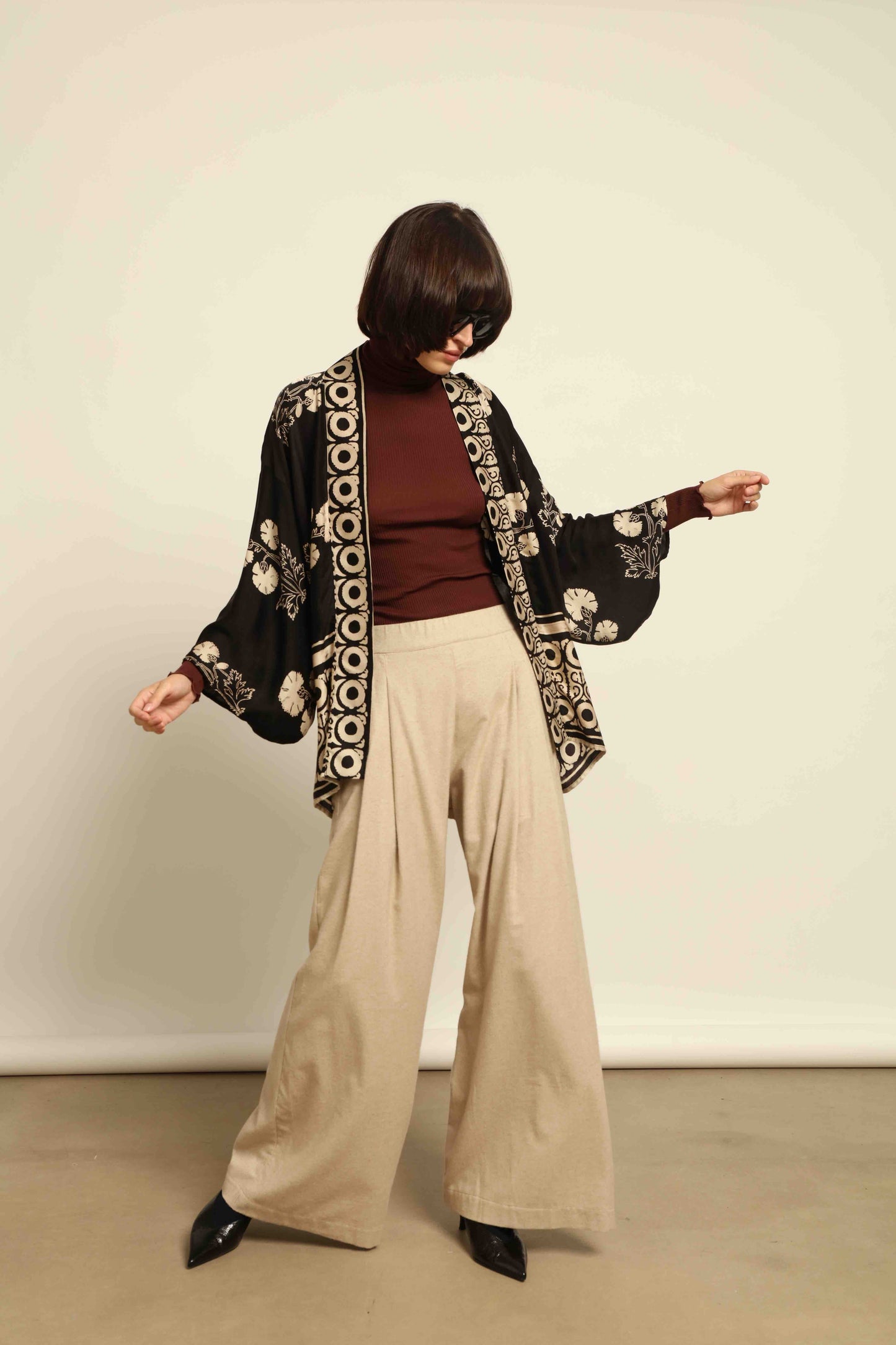 Shanti Kantha Jacket by Obidi in wool-and-silk check with silk collar and printed silk lining. Handcrafted, unique, and inspired by Kantha tradition.