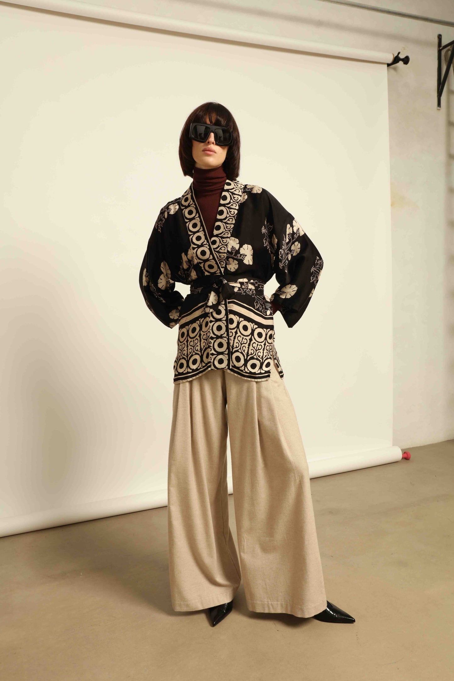 Shanti Kantha Jacket by Obidi in wool-and-silk check with silk collar and printed silk lining. Handcrafted, unique, and inspired by Kantha tradition.