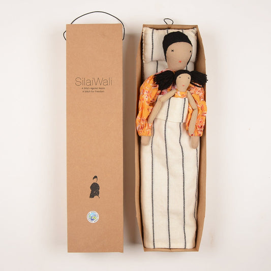 Handcrafted cloth dolls Diya and Mini by SilaiWali, mother and daughter set in traditional dresses, made from upcycled fabric. Available at House of Woven Stories.