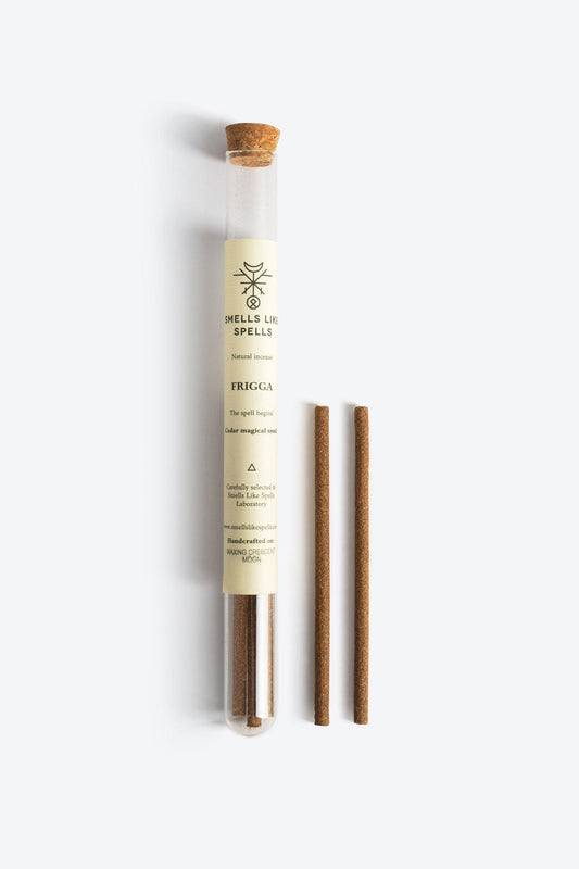 Handcrafted Frigga cedar incense sticks by Smells Like Spells, offered by House of Woven Stories. Designed to create harmony, protect your home and family, and bring prosperity with a natural, spiritual fragrance inspired by Norse mythology.