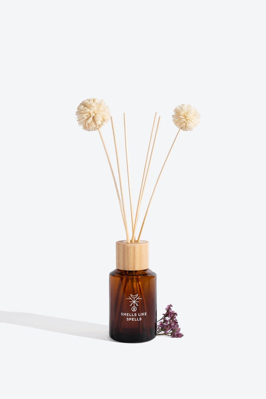 Freya Home Perfume diffuser by Smells Like Spells, handcrafted natural fragrance inspired by the Norse goddess of love, displayed with reed sticks.