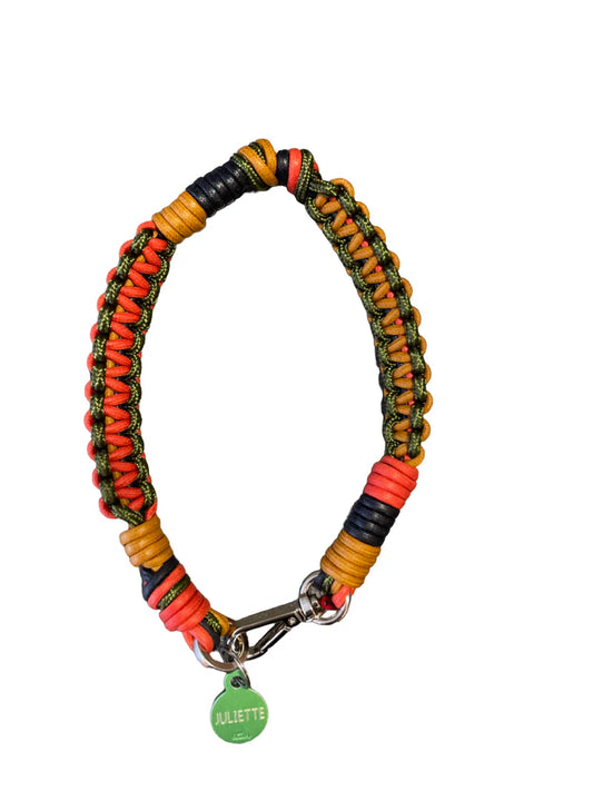 Tarzan Macramé Dog Collar by MY BOB from the House of Woven Stories selection, a vibrant handmade Italian accessory inspired by bold USA energy. Durable, stylish, and designed for name tags to add personality to your dog’s look.