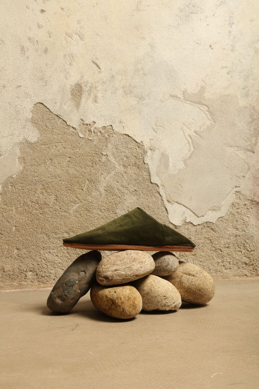 Baboush in Green Taupe Suede - House of Woven Stories
