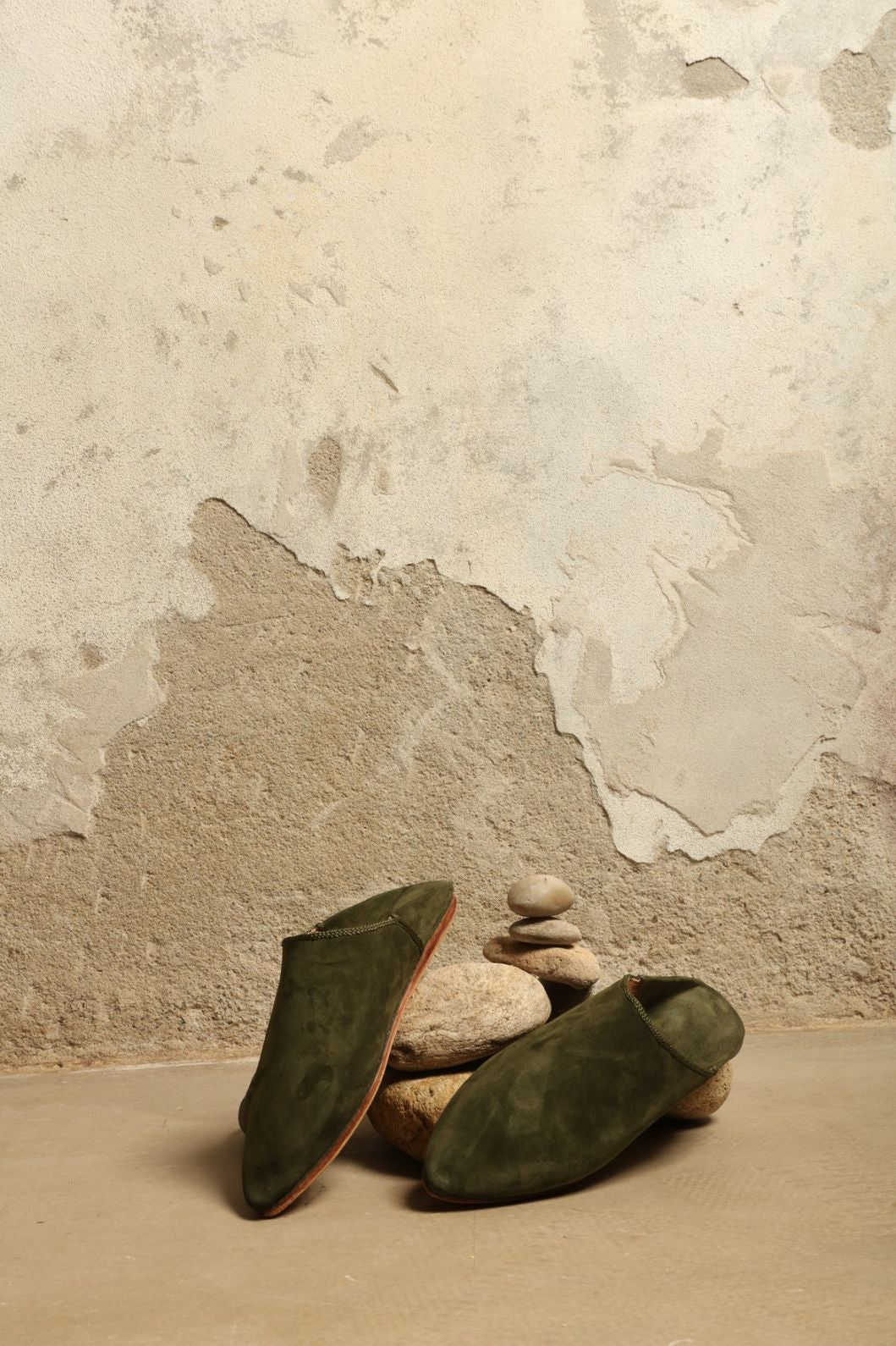 Baboush in Green Taupe Suede - House of Woven Stories