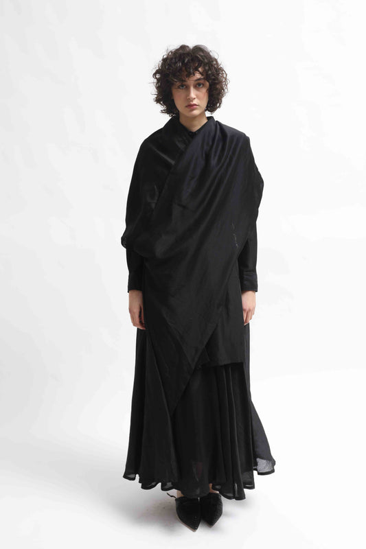 Anne Sari Dress by Ka-Sha in hand-dyed Chanderi cotton, featuring a fluid A-line silhouette with attached sari-style drape and classic collar. Part of the House of Woven Stories selection.